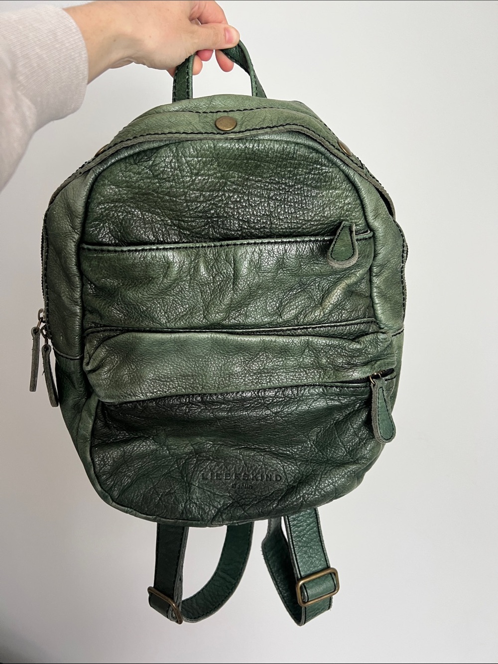 Liebeskind Berlin vintage green leather knapsack backpack book bag yellow inside